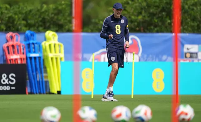England's head coach Thomas Tuchel walks on the practice pitch ahead of a training session for the national soccer team in Palm Beach Gardens, Fla., Tuesday, June 2, 2026, ahead of the World Cup soccer tournament. (AP Photo/Rebecca Blackwell)