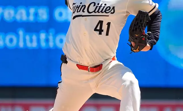 Minnesota Twins starting pitcher Joe Ryan throws to the Kansas City Royals in the first inning of a baseball game Saturday, June 6, 2026, in Minneapolis. (AP Photo/Bruce Kluckhohn)