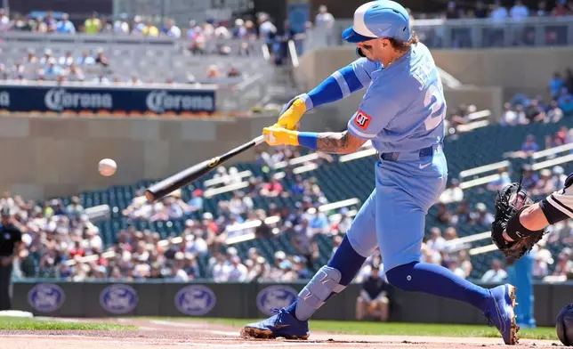 Kansas City Royals' Carter Jensen hits a solo home run in the first inning of a baseball game against the Minnesota Twins, Saturday, June 6, 2026, in Minneapolis. (AP Photo/Bruce Kluckhohn)