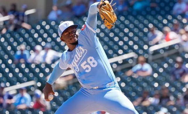 Kansas City Royals starting pitcher Luinder Avila throws to the Minnesota Twins in the second inning of a baseball game Saturday, June 6, 2026, in Minneapolis. (AP Photo/Bruce Kluckhohn)