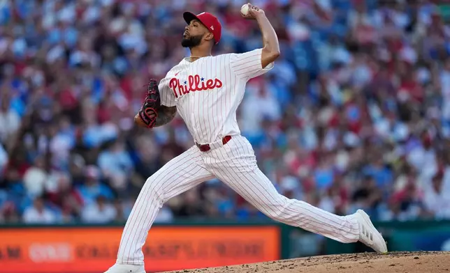 Philadelphia Phillies' Cristopher Sánchez pitches during the third inning of a baseball game against the San Diego Padres on Wednesday, June 3, 2026, in Philadelphia. (AP Photo/Matt Slocum)