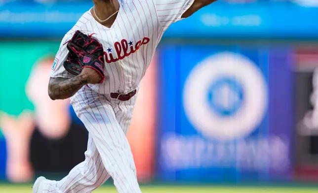Philadelphia Phillies' Cristopher Sánchez pitches during the first inning of a baseball game against the San Diego Padres on Wednesday, June 3, 2026, in Philadelphia. (AP Photo/Matt Slocum)
