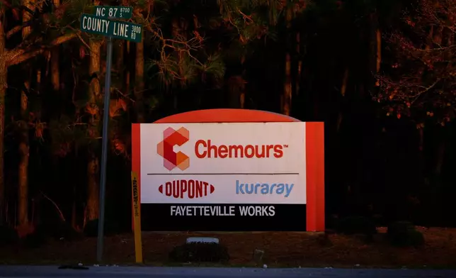 FILE - A sign is displayed at the entrance of Chemours Company, Fayetteville Works in White Oak, N.C., Dec. 9, 2025. (AP Photo/Carolyn Kaster, File)