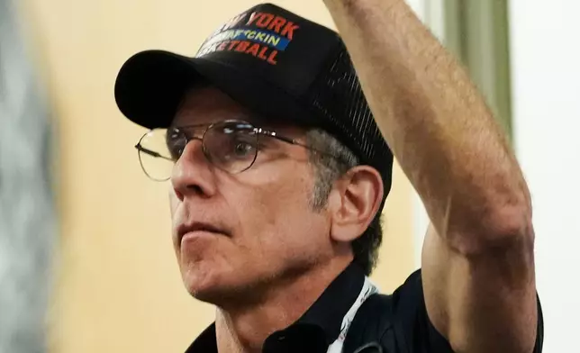 Actor Ben Stiller watches a news conference prior to Game 3 of the NBA Finals basketball series between the San Antonio Spurs and the New York Knicks, Sunday, June 7, 2026, in New York. (AP Photo/Ross D. Franklin)