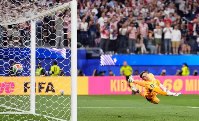 Paraguay goalkeeper Orlando Gill is airborne as he fails to stop a goal from United States' Giovanni Reyna during the World Cup Group D soccer match between the United States and Paraguay in Inglewood, Calif., near Los Angeles, Friday, June 12, 2026. (AP Photo/Mark J. Terrill)