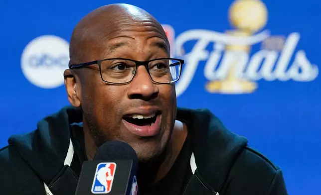 New York Knicks head coach Mike Brown speaks during a news conference prior to Game 5 of the NBA Finals basketball series against the San Antonio Spurs, Friday, June 12, 2026, in San Antonio. (AP Photo/Ross D. Franklin)