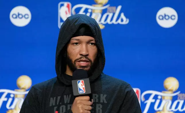 New York Knicks guard Jalen Brunson speaks during a news conference prior to Game 5 of the NBA Finals basketball series against the San Antonio Spurs, Friday, June 12, 2026, in San Antonio. (AP Photo/Ross D. Franklin)
