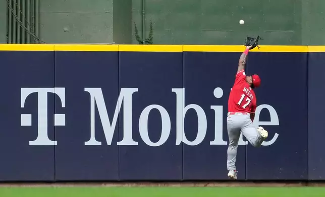 Cincinnati Reds' Dane Myers makes a leaping catch during the fourth inning of a baseball game against the Milwaukee Brewers, Monday, June 29, 2026, in Milwaukee. (AP Photo/Aaron Gash)