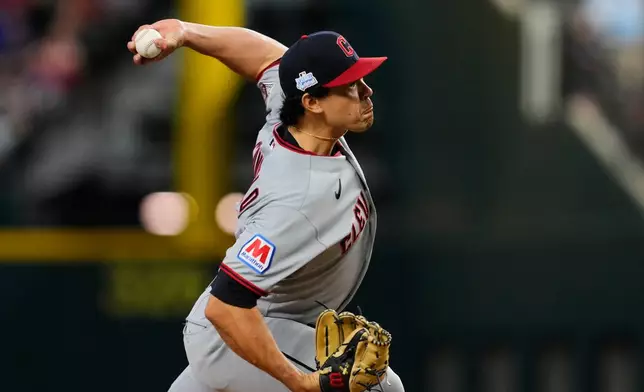 Cleveland Guardians pitcher Joey Cantillo throws to the Texas Rangers in the first inning of a baseball game in Arlington, Texas, Sunday, June 7, 2026. (AP Photo/Tony Gutierrez)