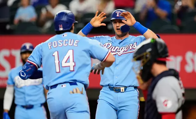 Texas Rangers' Justin Foscue (14) and Josh Jung, right, celebrate Foscue's two-run home run as Cleveland Guardians' Patrick Bailey kneels by the plate in the first inning of a baseball game in Arlington, Texas, Sunday, June 7, 2026. (AP Photo/Tony Gutierrez)