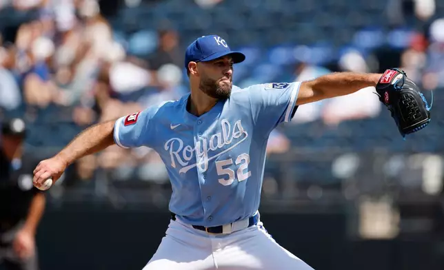 Kansas City Royals pitcher Michael Wacha delivers to a Texas Rangers batter during the first inning of a baseball game in Kansas City, Mo., Thursday, June 11, 2026. (AP Photo/Colin E. Braley)
