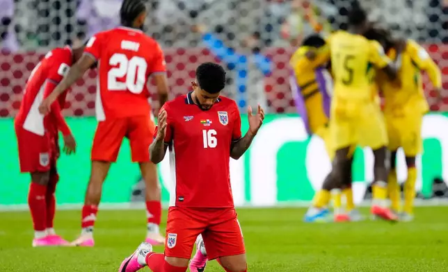 Panama's Andres Andrade (16) reacts following the team's loss in the World Cup Group L soccer match between Ghana and Panama in Toronto, Wednesday, June 17, 2026. (Frank Gunn/The Canadian Press via AP)