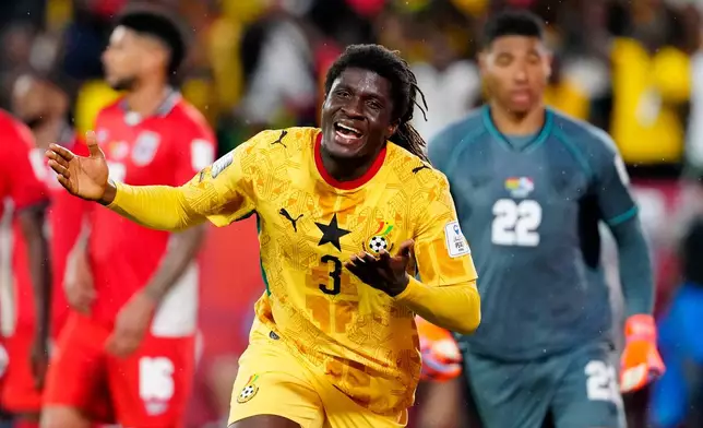 Ghana's Caleb Yirenkyi (3) celebrates scoring the opening goal during the World Cup Group L soccer match between Ghana and Panama in Toronto, Wednesday, June 17, 2026. (Frank Gunn/The Canadian Press via AP)