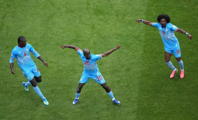 Congo's Yoane Wissa (20) celebrates after scoring during the World Cup Group K soccer match between Portugal and Congo in Houston, Wednesday, June 17, 2026. (AP Photo/Eric Smith)