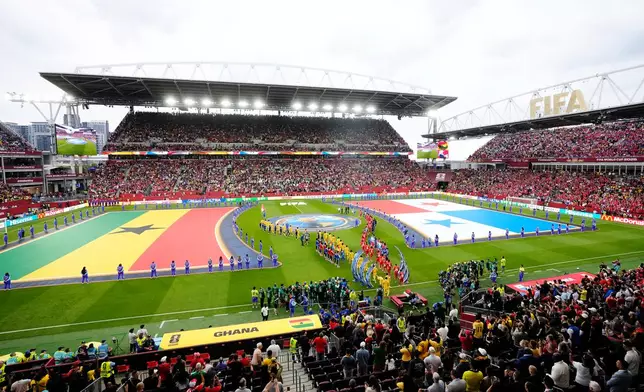 Ghana and Panama take to the field before the World Cup Group L soccer match in Toronto, Wednesday, June 17, 2026. (Chris Young/The Canadian Press via AP)
