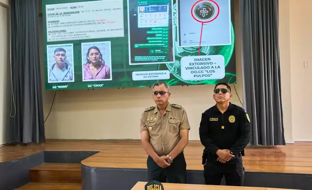 Police officers display evidence during a news conference following the arrest of alleged members of a criminal gang in Trujillo, Peru, Tuesday, May 19, 2026. (AP Photo/Rodrigo Abd)