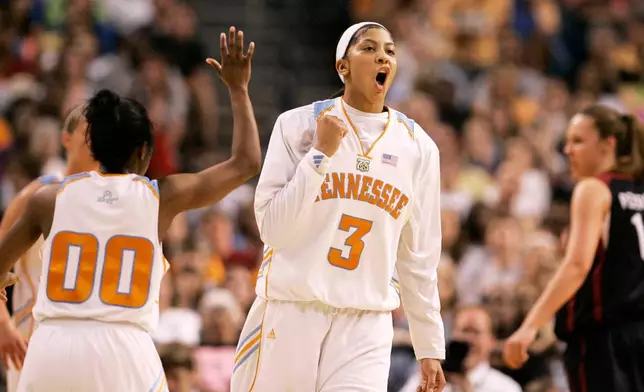 FILE - Candace Parkert (3) celebrates after a shot during the national championship basketball game against Stanford at the NCAA Women's Final Four, April 8, 2008, in Tampa, Fla. (AP Photo/Amy Sancetta, File)