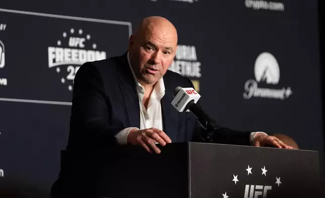UFC President and CEO Dana White attends a press conference following the UFC Freedom 250 fight, Monday, June 15, 2026, in Washington. (AP Photo/Allison Robbert)