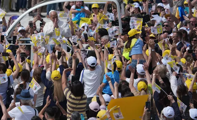 Pope Leo XIV arrives in Calipari Square in Acerra, near Naples, Italy, Saturday, May 23, 2026. (AP Photo/Andrew Medichini)