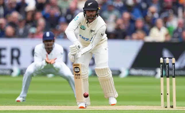 New Zealand's Devon Conway plays a shot during the third day of the Test match between England and New Zealand at Lord's cricket ground in London, Saturday, June 6, 2026. (AP Photo/Kirsty Wigglesworth)