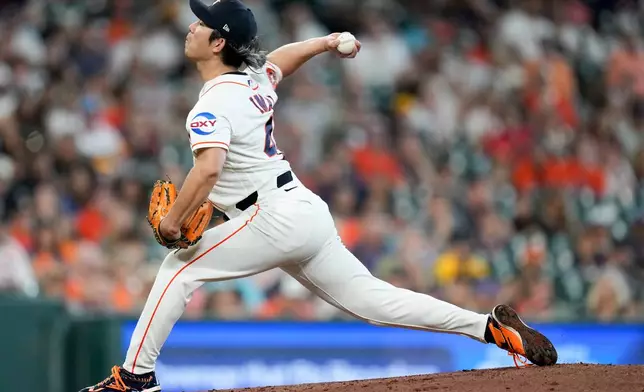 Houston Astros starting pitcher Tatsuya Imai throws to the Athletics during the third inning of a baseball game, Saturday, June 6, 2026, in Houston. (AP Photo/Eric Christian Smith)