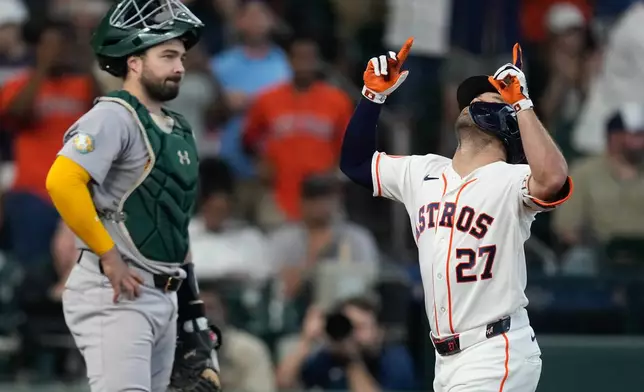Houston Astros' Jose Altuve (27) celebrates after his solo home run against the Athletics during the third inning of a baseball game, Saturday, June 6, 2026, in Houston. (AP Photo/Eric Christian Smith)