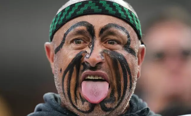 A fan of New Zealand performs a haka ahead of the World Cup Group G soccer match between Iran and New Zealand in Inglewood, Calif., near Los Angeles, Monday, June 15, 2026. (AP Photo/Andre Penner)