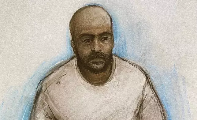 This is a court artist drawing by Elizabeth Cook of Sudanese national Hadi Alodid, 30 appearing via videolink at Belfast Magistrates Court, Belfast, Wednesday, June 10, 2026, after a stabbing attack. (Elizabeth Cook/PA via AP)
