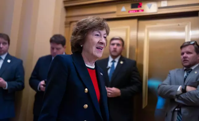 Sen. Susan Collins, R-Maine, chair of the Senate Appropriations Committee, heads to the chamber before votes on the immigration enforcement funding package, at the Capitol in Washington, Thursday, June 4, 2026. (AP Photo/J. Scott Applewhite)