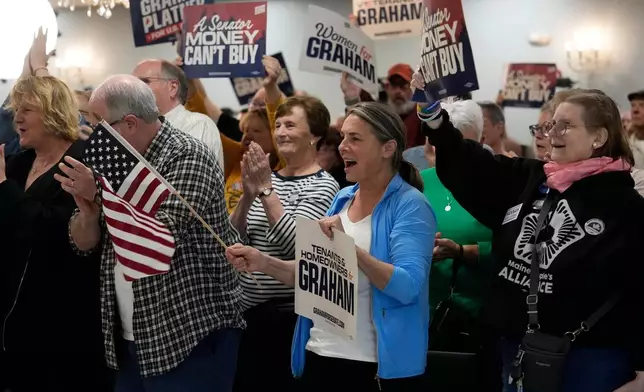 Supporters cheer for Graham Platner, Democratic candidate for U.S. Senate, at a campaign event Sunday, June 7, 2026, in Portland, Maine. (AP Photo/Robert F. Bukaty)