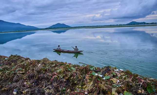 Kashmiri fishers on a boat row past weed and lotus leaves lying on the bank of Dal Lake in Srinagar, Indian controlled Kashmir, Monday, May 4, 2026. (AP Photo/Dar Yasin)