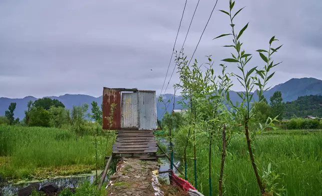 A door made of tin sheets stands on a wooden footbridge connecting the interior of Dal Lake to the shore in Srinagar, Indian controlled Kashmir, Monday, May 4, 2026. (AP Photo/Dar Yasin)