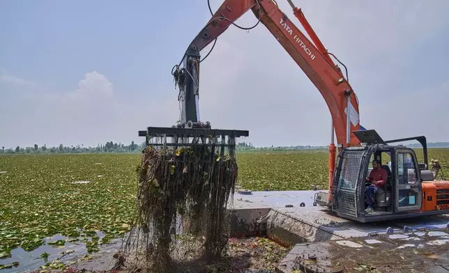 An employee of the Lake Conservation and Management Authority (LCMA) uses a machine to clear weeds from Dal Lake in Srinagar, Indian controlled Kashmir, Wednesday, May 20, 2026. (AP Photo/Dar Yasin)