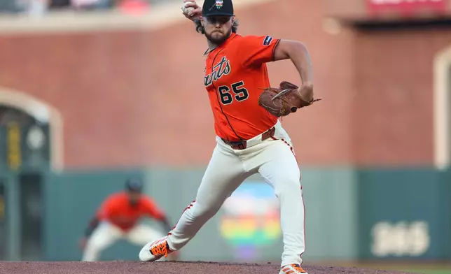 San Francisco Giants pitcher Landen Roupp throws to a Chicago Cubs batter during the first inning of a baseball game Friday, June 12, 2026, in San Francisco, Calif. (AP Photo/Scott Marshall)
