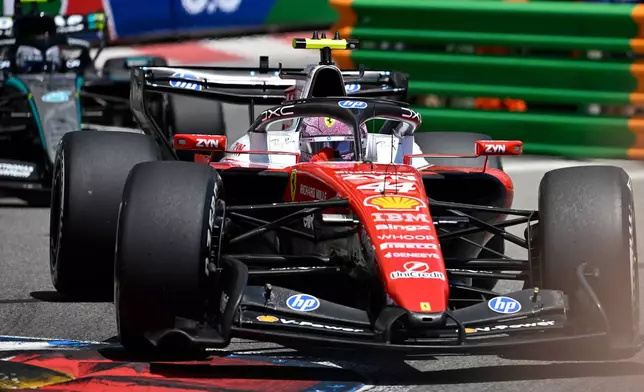 Ferrari driver Lewis Hamilton of Britain steers his car during the first free Formula One practice at the Monaco racetrack, in Monaco, Friday, June 5, 2026. (AP Photo/Philippe Magoni)