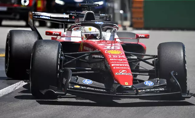Ferrari driver Charles Leclerc of Monaco steers his car during the first free Formula One practice at the Monaco racetrack, in Monaco, Friday, June 5, 2026. (AP Photo/Philippe Magoni)