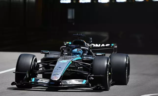 Mercedes driver George Russell of Britain steers his car during the first free Formula One practice at the Monaco racetrack, in Monaco, Friday, June 5, 2026. (AP Photo/Philippe Magoni)