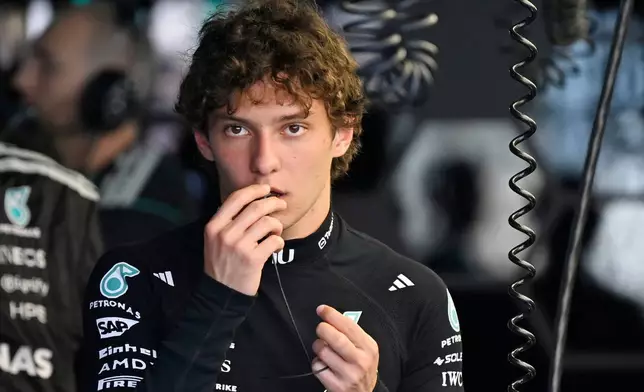 Mercedes driver Andrea Kimi Antonelli of Italy prepares at pits during the second free practice at the Monaco racetrack, in Monaco, Friday, June 5, 2026. The Formula one race will be held on Sunday. (AP Photo/Philippe Magoni)