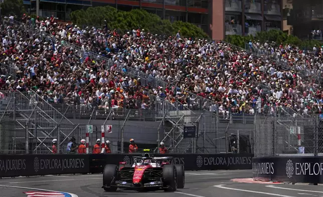 Ferrari driver Charles Leclerc of Monaco steers his car during the first free practice at the Monaco racetrack, in Monaco, Friday, June 5, 2026. The Formula one race will be held on Sunday. (AP Photo/Fatima Shbair)