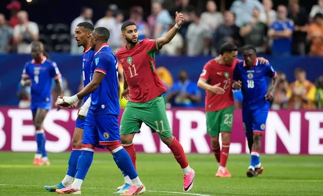 Morocco's Ismael Saibari (11) reacts after scoring a goal during the World Cup Group C soccer match between Morocco and Haiti in Atlanta, Wednesday, June 24, 2026. (AP Photo/Mike Stewart)