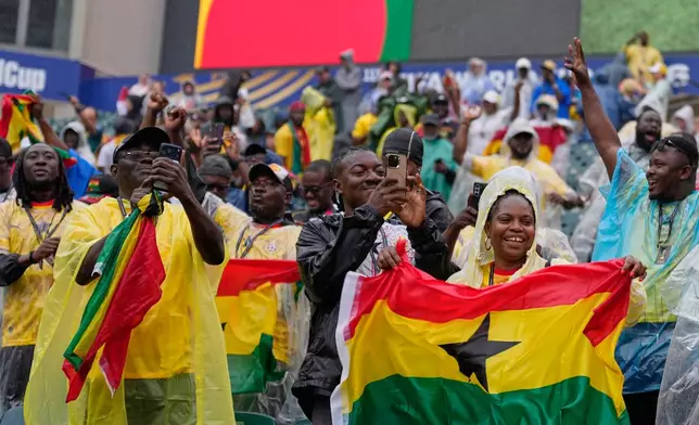 Fans of Ghana cheer as they wait for the start of World Cup Group L soccer match between Croatia and Ghana in Philadelphia, Saturday, June 27, 2026. (AP Photo/Matt Slocum)