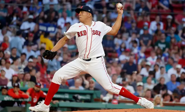Boston Red Sox starting pitcher Ranger Suarez delivers during the fourth inning of a baseball game against the Washington Nationals, Monday, June 29, 2026, in Boston. (AP Photo/Mary Schwalm)