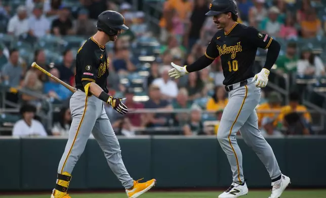 Pittsburgh Pirates' Bryan Reynolds (10) celebrates his solo home run with Ryan O'Hearn, left, during the sixth inning of a baseball game against the Athletics, Tuesday, June 16, 2026, in West Sacramento, Calif. (AP Photo/Scott Marshall)