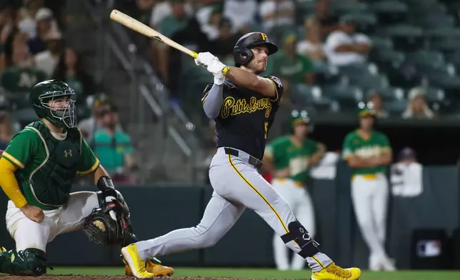 Pittsburgh Pirates' Brandon Lowe hits a solo home run during the ninth inning of a baseball game against the Athletics, Tuesday, June 16, 2026, in West Sacramento, Calif. (AP Photo/Scott Marshall)