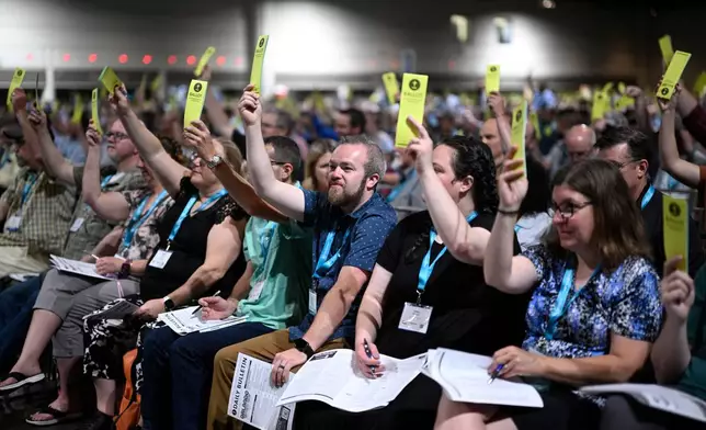 Attendees hold up their ballots while voting on a motion during the annual meeting of the Southern Baptist Convention, Tuesday, June 9, 2026, in Orlando, Fla. (AP Photo/Phelan M. Ebenhack)