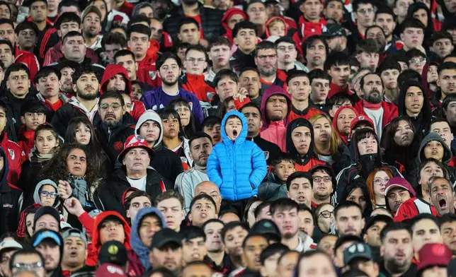River Plate fans watch an Argentine soccer league match against San Lorenzo in Buenos Aires, Argentina, Sunday, May 10, 2026. (AP Photo/Rodrigo Abd)