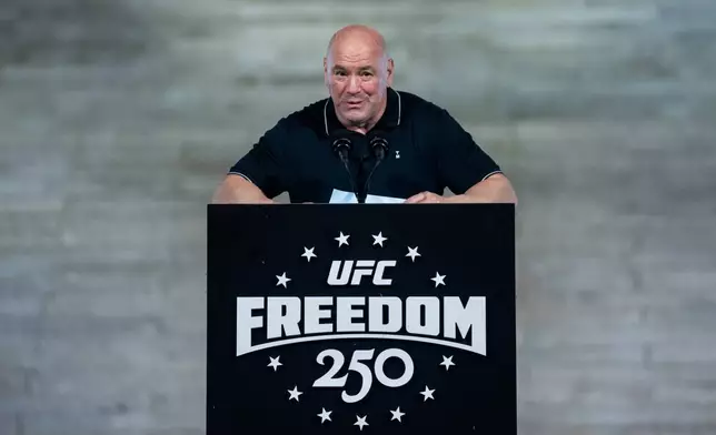 UFC President and CEO Dana White speaks during a UFC news conference at the Lincoln Memorial, ahead of Sunday's fight on the South Lawn of the White House, Friday, June 12, 2026, in Washington. (AP Photo/Allison Robbert)