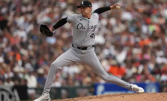 Chicago White Sox pitcher Joe Rock throws against the Detroit Tigers during the fourth inning of a baseball game Saturday, June 20, 2026, in Detroit. (AP Photo/Paul Sancya)