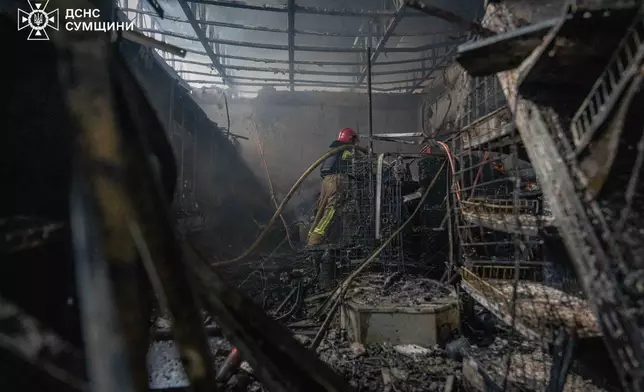In this photo provided by the Ukrainian Emergency Service, firefighters put out a fire in a gas station following a Russian air attack in Sumy, Ukraine, Thursday, June 25, 2026. (Ukrainian Emergency Service via AP)