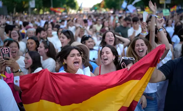 People wait for the arrival of Pope Leo XIV during a prayer vigil with young people at Plaza de Lima in Madrid, Spain, Saturday, June 6, 2026, on the first day of his seven-day apostolic visit to mainland Spain and the Canary Islands. (AP Photo/Bernat Armangue)